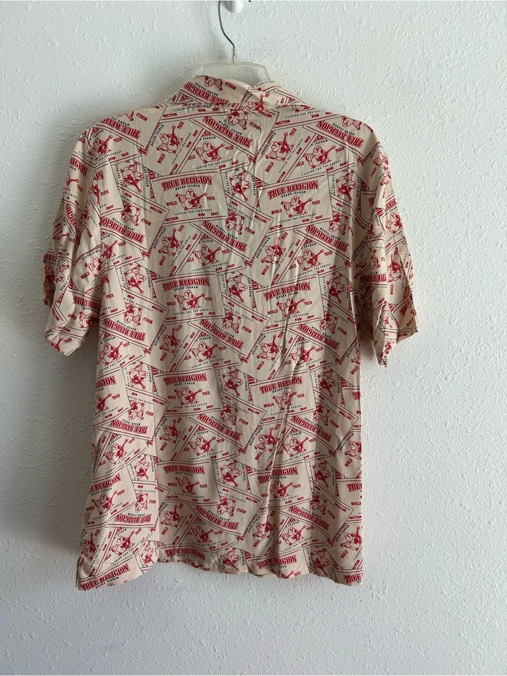 True Religion Button Up Shirt Men's Size S Beige Resort Print Resortwear Buddha